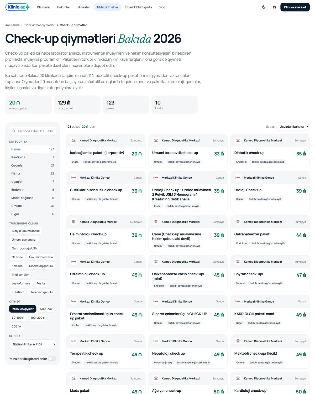 Check-up qiymətlərinin müqayisəsi